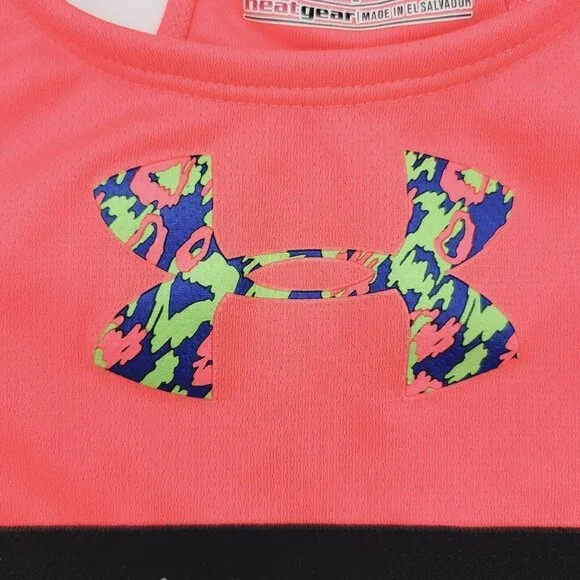Under Armour Sports Bra Youth Girls Large Neon Coral Pink Black Athletic Workout - Picture 2 of 9